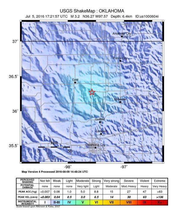 USGS ShakeMap: estimated shaking intensity around the epicenter