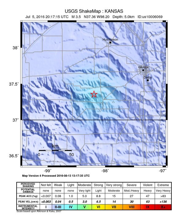 USGS ShakeMap: estimated shaking intensity around the epicenter