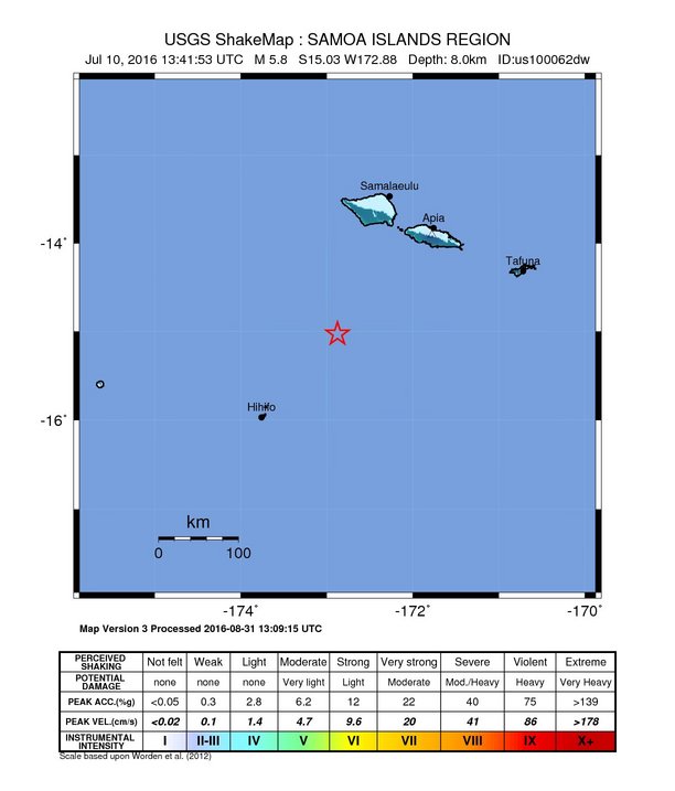 USGS ShakeMap: estimated shaking intensity around the epicenter