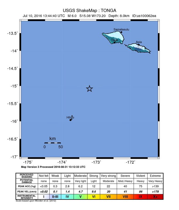 USGS ShakeMap: estimated shaking intensity around the epicenter