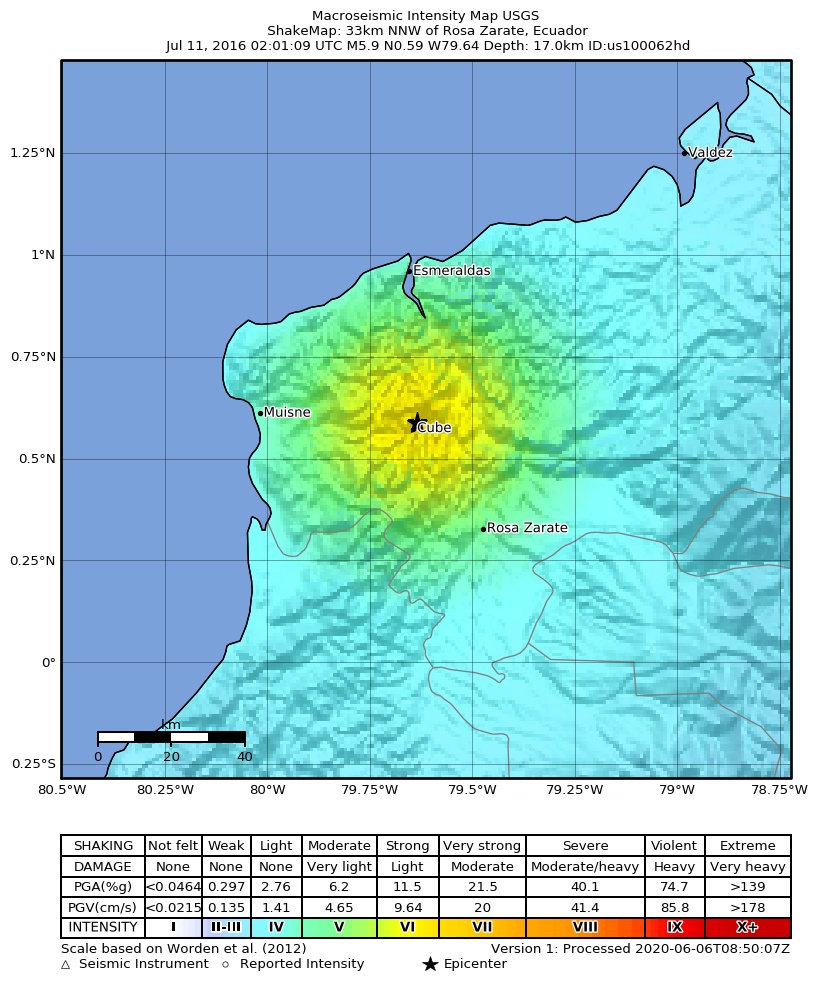 USGS ShakeMap: estimated shaking intensity around the epicenter