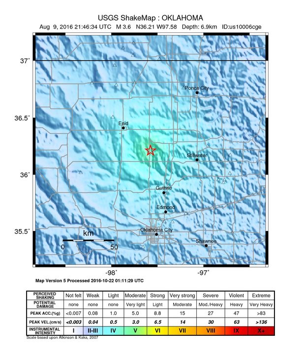 USGS ShakeMap: estimated shaking intensity around the epicenter