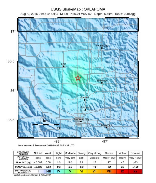 USGS ShakeMap: estimated shaking intensity around the epicenter
