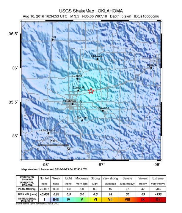 USGS ShakeMap: estimated shaking intensity around the epicenter