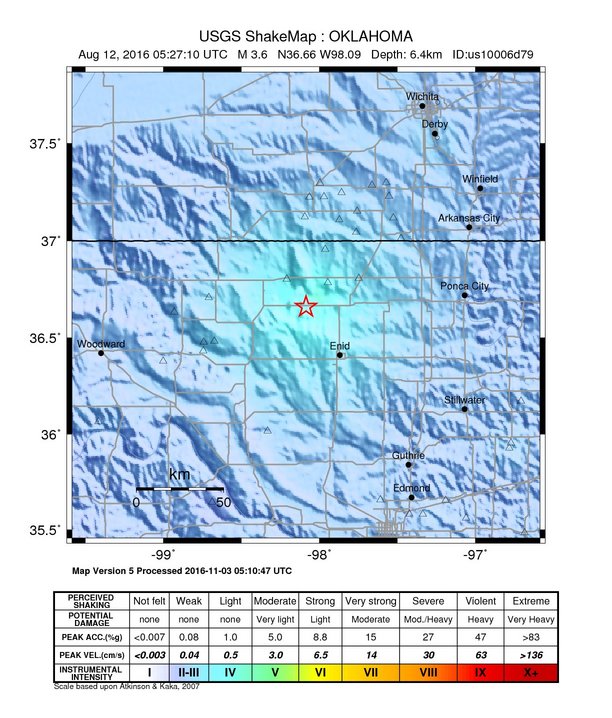 USGS ShakeMap: estimated shaking intensity around the epicenter