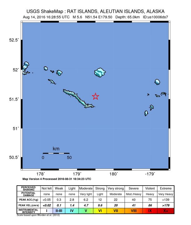 USGS ShakeMap: estimated shaking intensity around the epicenter