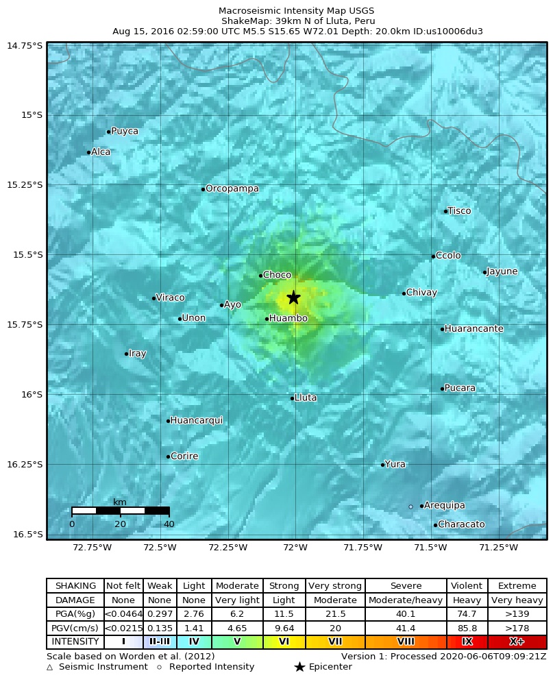 USGS ShakeMap: estimated shaking intensity around the epicenter