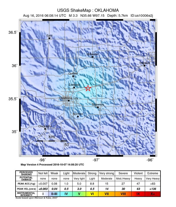 USGS ShakeMap: estimated shaking intensity around the epicenter