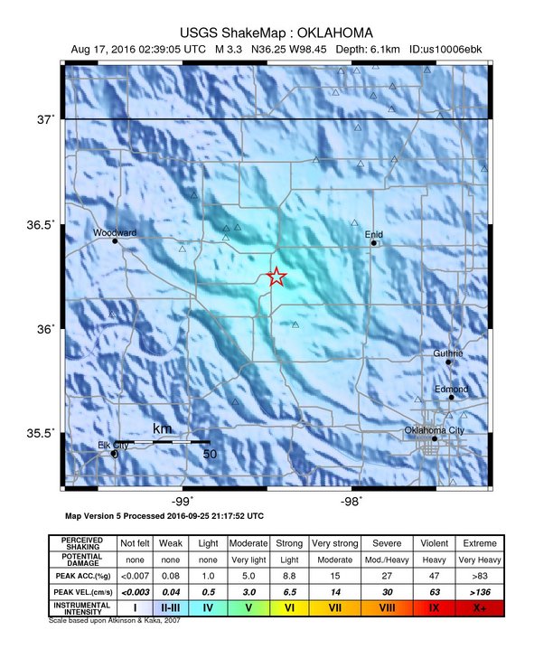 USGS ShakeMap: estimated shaking intensity around the epicenter