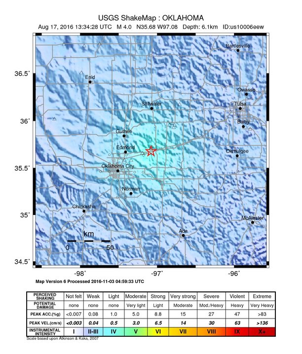 USGS ShakeMap: estimated shaking intensity around the epicenter