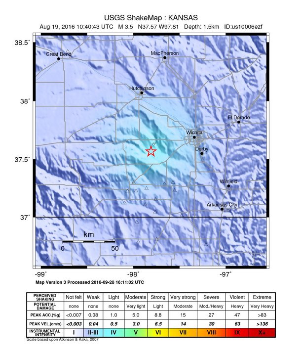 USGS ShakeMap: estimated shaking intensity around the epicenter