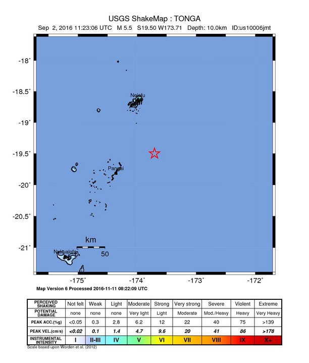 USGS ShakeMap: estimated shaking intensity around the epicenter