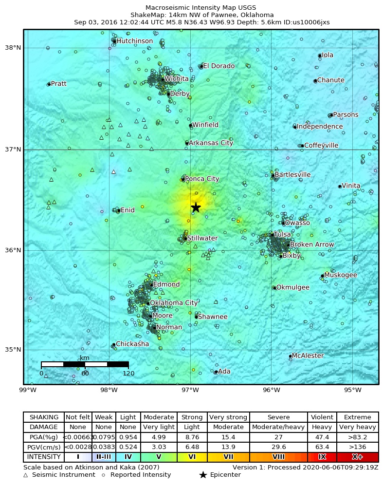 USGS ShakeMap: estimated shaking intensity around the epicenter