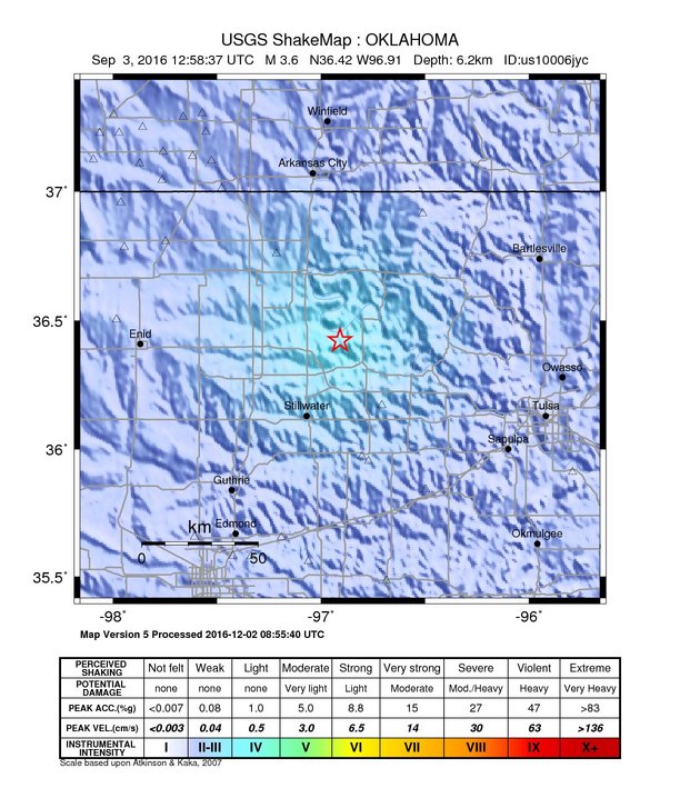 USGS ShakeMap: estimated shaking intensity around the epicenter