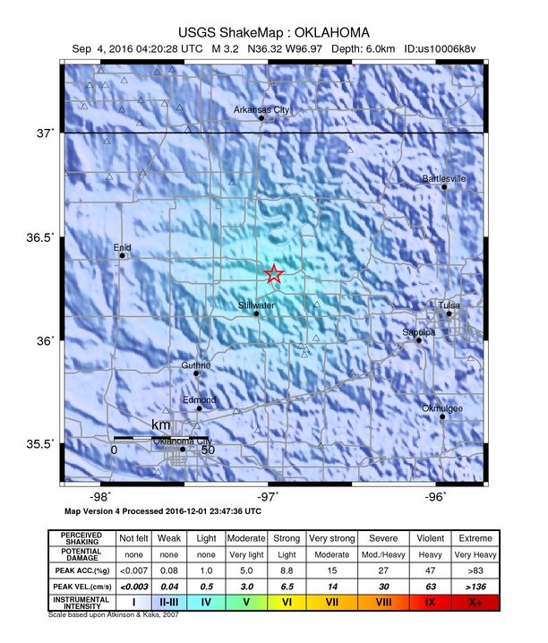 USGS ShakeMap: estimated shaking intensity around the epicenter