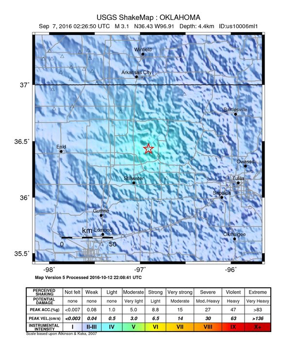 USGS ShakeMap: estimated shaking intensity around the epicenter