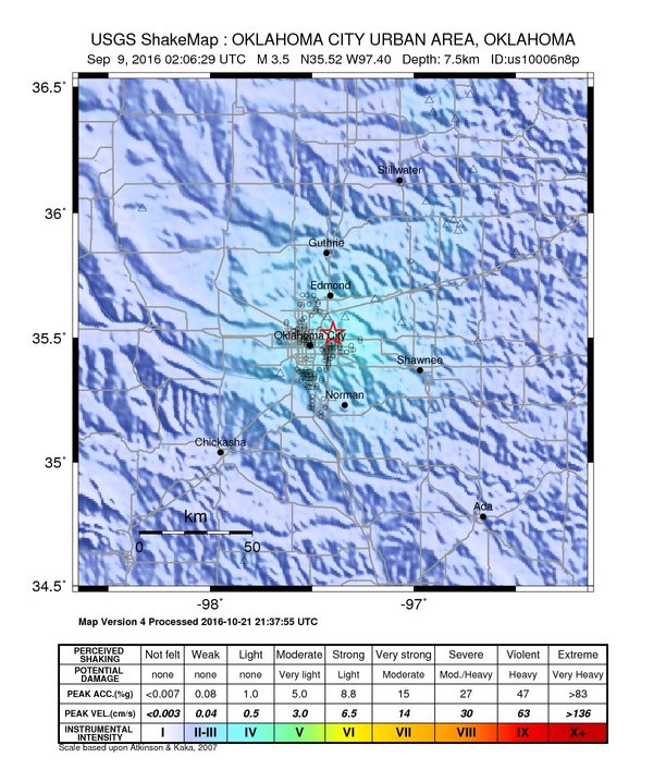 USGS ShakeMap: estimated shaking intensity around the epicenter