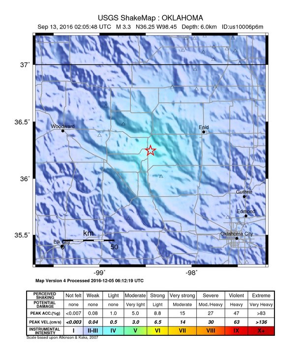 USGS ShakeMap: estimated shaking intensity around the epicenter