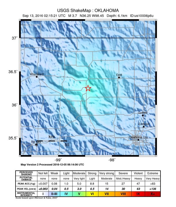 USGS ShakeMap: estimated shaking intensity around the epicenter