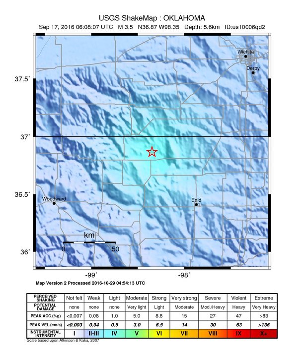 USGS ShakeMap: estimated shaking intensity around the epicenter