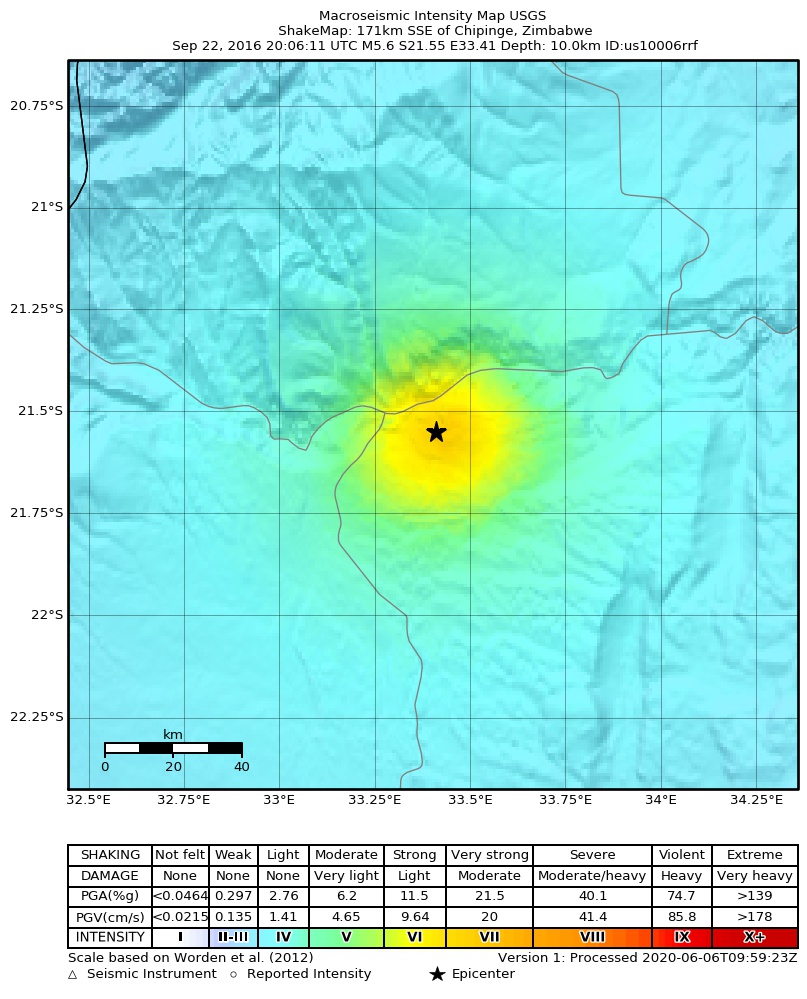 USGS ShakeMap: estimated shaking intensity around the epicenter