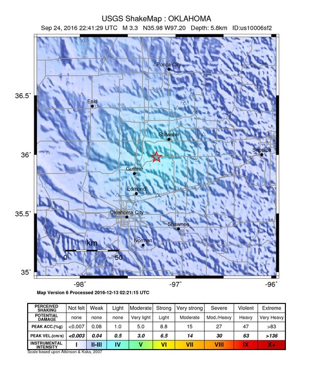 USGS ShakeMap: estimated shaking intensity around the epicenter