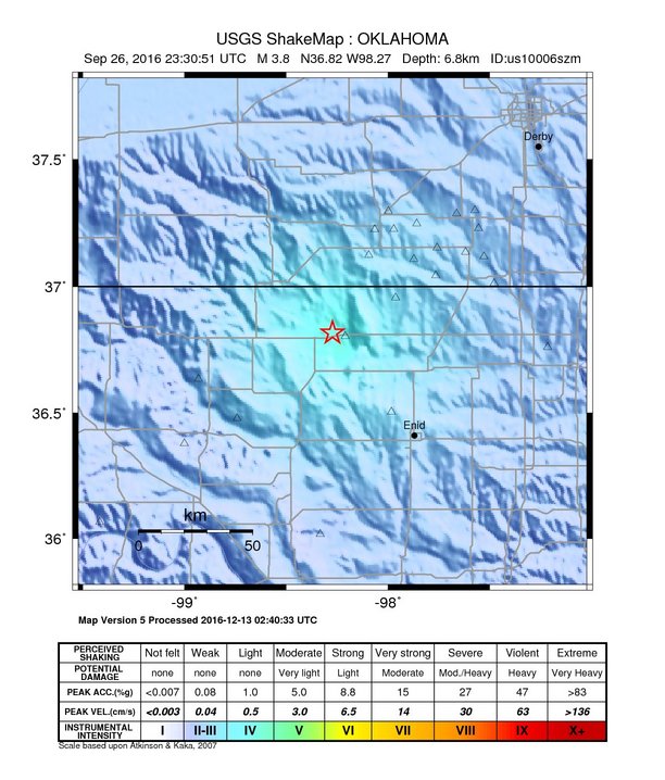 USGS ShakeMap: estimated shaking intensity around the epicenter