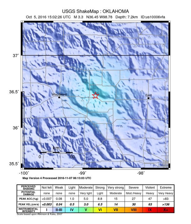 USGS ShakeMap: estimated shaking intensity around the epicenter