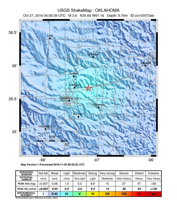USGS ShakeMap: estimated shaking intensity around the epicenter