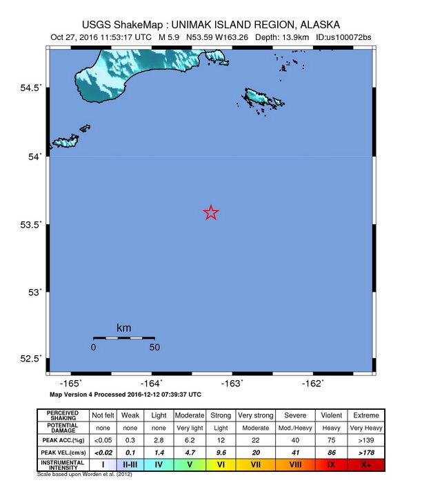 USGS ShakeMap: estimated shaking intensity around the epicenter