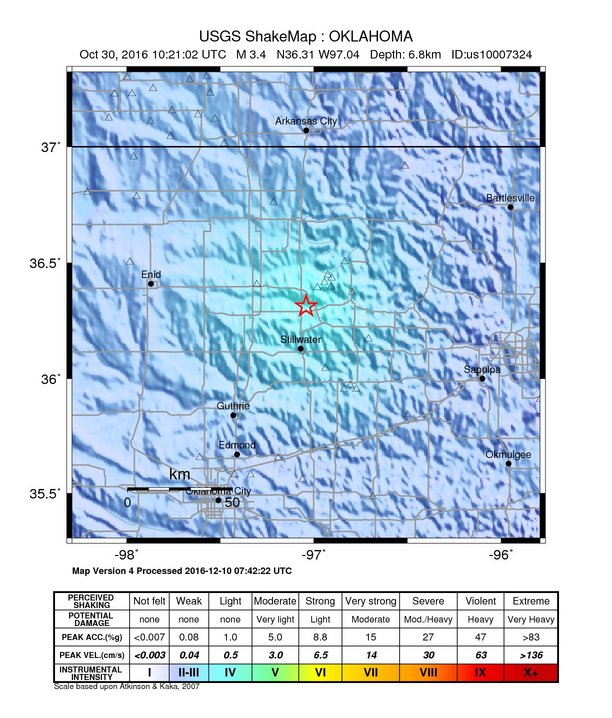 USGS ShakeMap: estimated shaking intensity around the epicenter