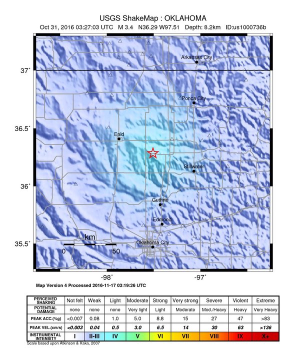 USGS ShakeMap: estimated shaking intensity around the epicenter