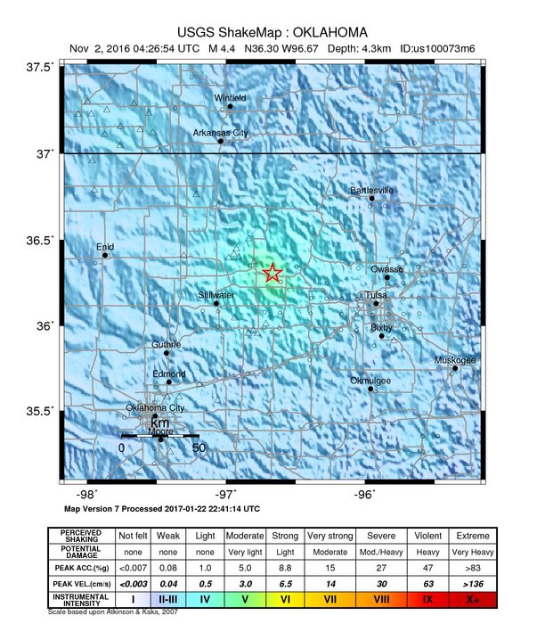 USGS ShakeMap: estimated shaking intensity around the epicenter