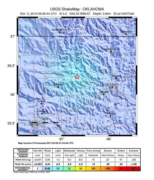 USGS ShakeMap: estimated shaking intensity around the epicenter
