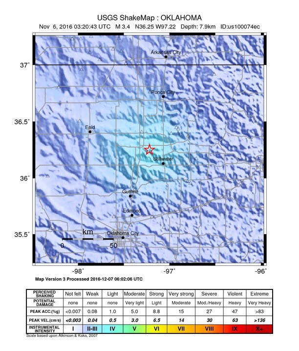 USGS ShakeMap: estimated shaking intensity around the epicenter