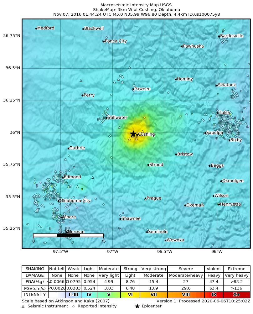 USGS ShakeMap: estimated shaking intensity around the epicenter