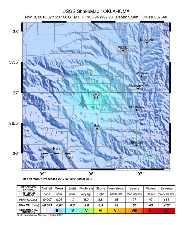 USGS ShakeMap: estimated shaking intensity around the epicenter