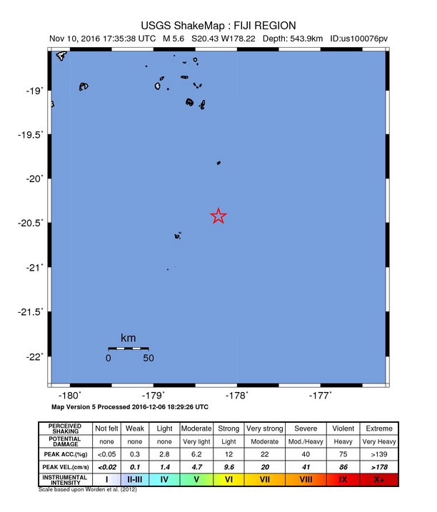 USGS ShakeMap: estimated shaking intensity around the epicenter