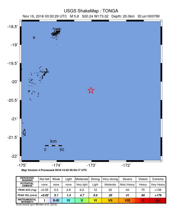 USGS ShakeMap: estimated shaking intensity around the epicenter