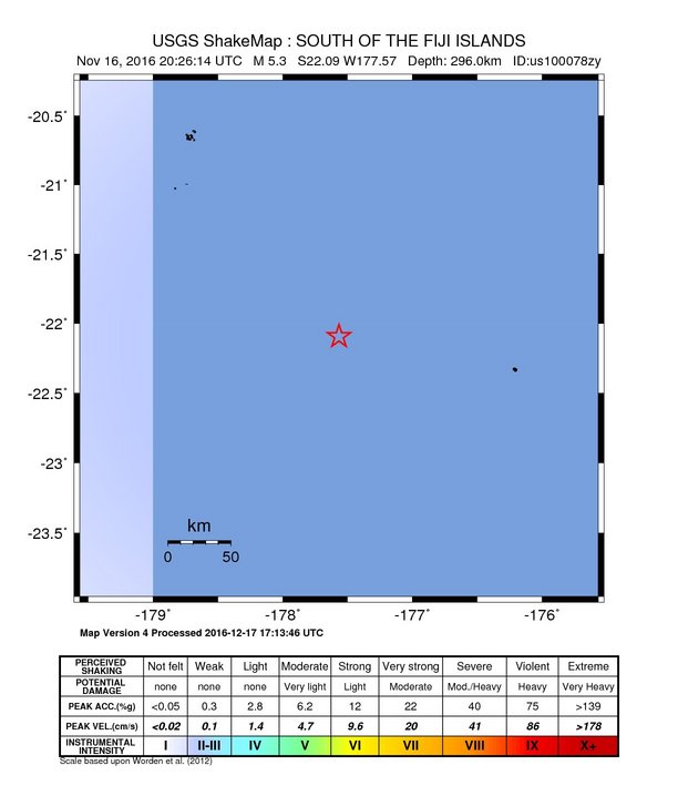 USGS ShakeMap: estimated shaking intensity around the epicenter