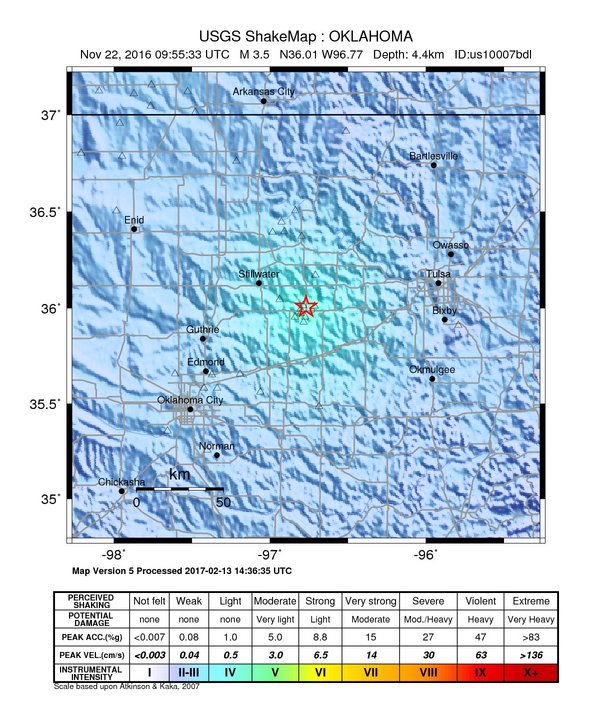 USGS ShakeMap: estimated shaking intensity around the epicenter