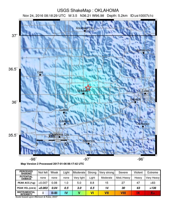 USGS ShakeMap: estimated shaking intensity around the epicenter