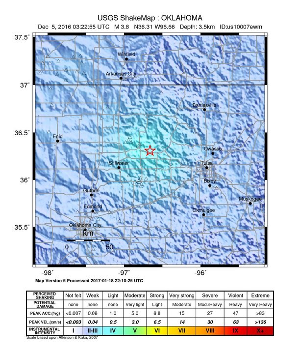USGS ShakeMap: estimated shaking intensity around the epicenter