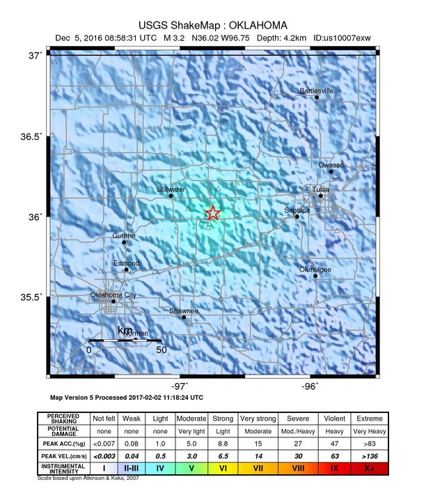 USGS ShakeMap: estimated shaking intensity around the epicenter