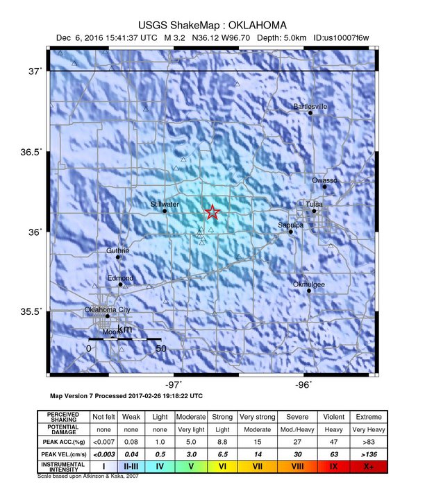USGS ShakeMap: estimated shaking intensity around the epicenter