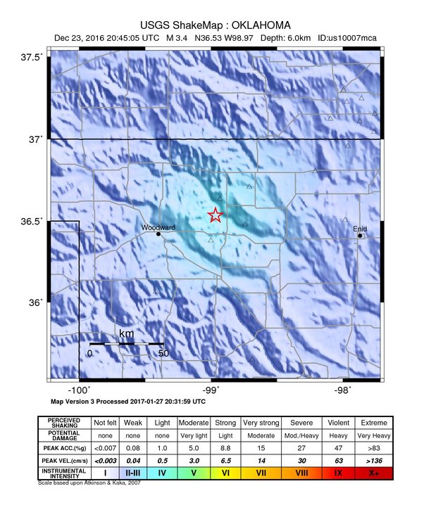USGS ShakeMap: estimated shaking intensity around the epicenter