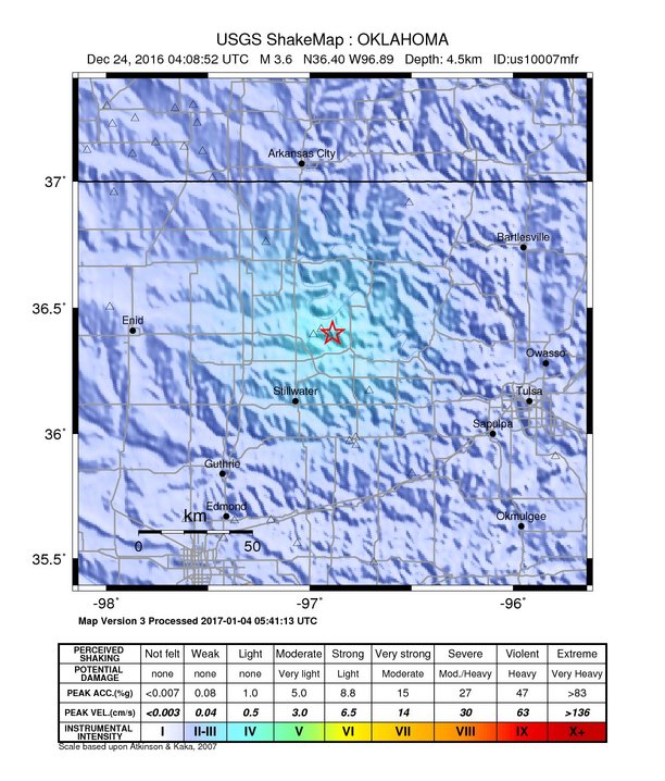 USGS ShakeMap: estimated shaking intensity around the epicenter