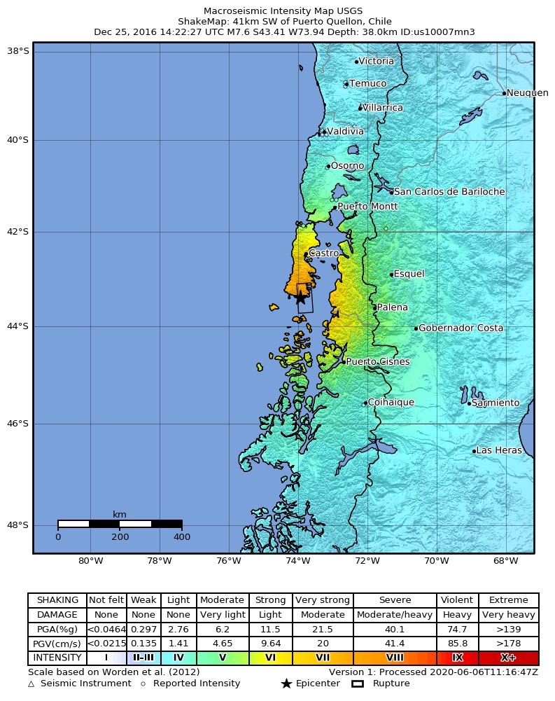 USGS ShakeMap: estimated shaking intensity around the epicenter