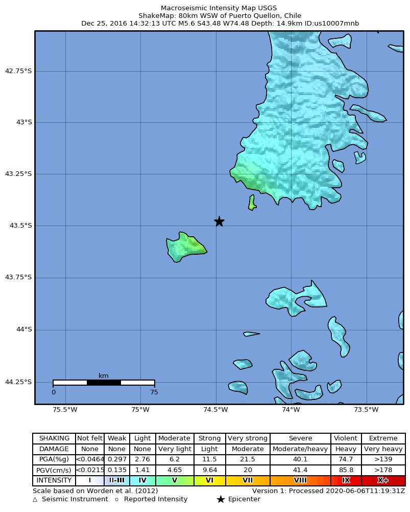 USGS ShakeMap: estimated shaking intensity around the epicenter