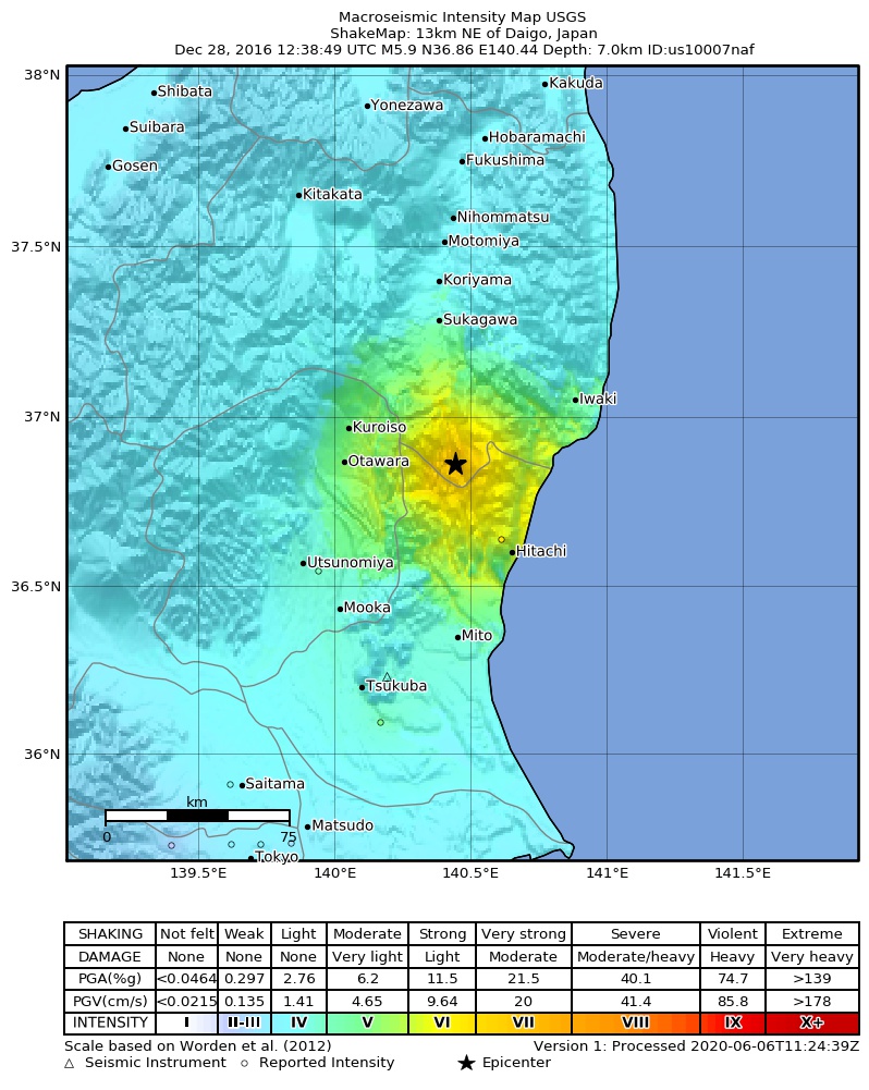 USGS ShakeMap: estimated shaking intensity around the epicenter